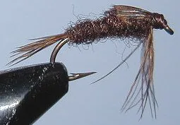 A tied nymph pattern held in a fly-tying vise